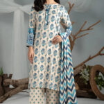 3PC Printed stitched Linen Suit KLE-4327