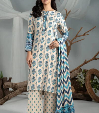 3PC Printed stitched Linen Suit KLE-4327
