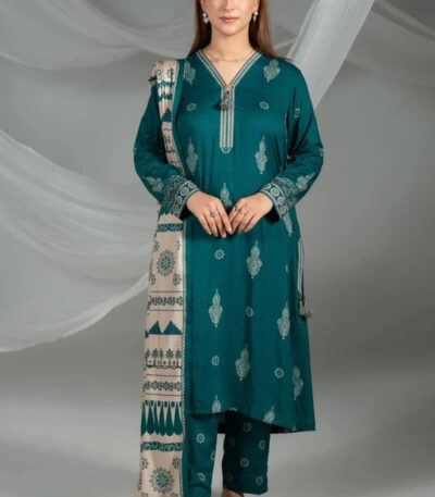 3PC Printed stitched Linen Suit KLE-4328