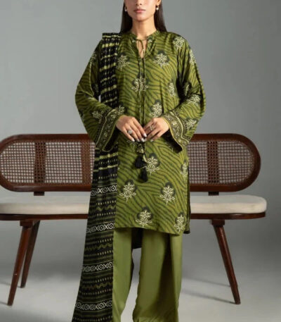 3PC Printed stitched Linen Suit KLE-4332