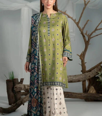 3PC Printed stitched Linen Suit KLE-4333