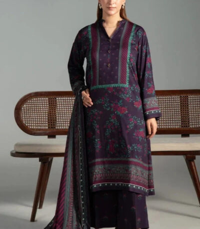 3PC Printed stitched Linen Suit KLE-4334