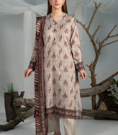 3PC Printed stitched Linen Suit KLE-4336