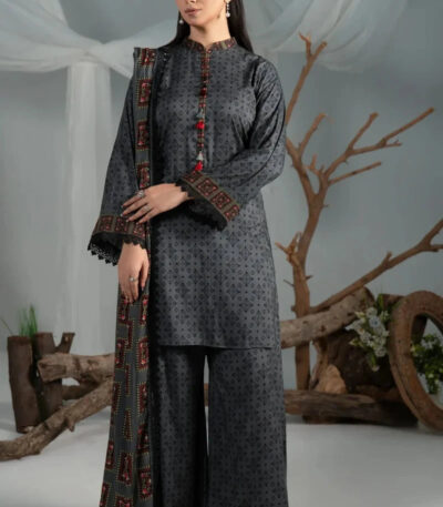3PC Printed stitched Linen Suit KLE-4385