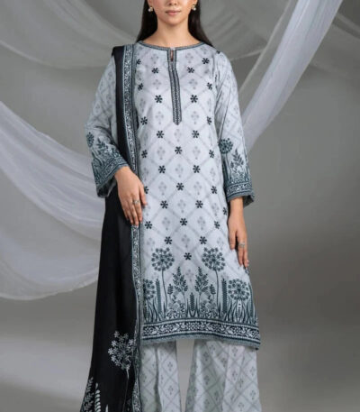 3PC Printed stitched Linen Suit KLE-4386
