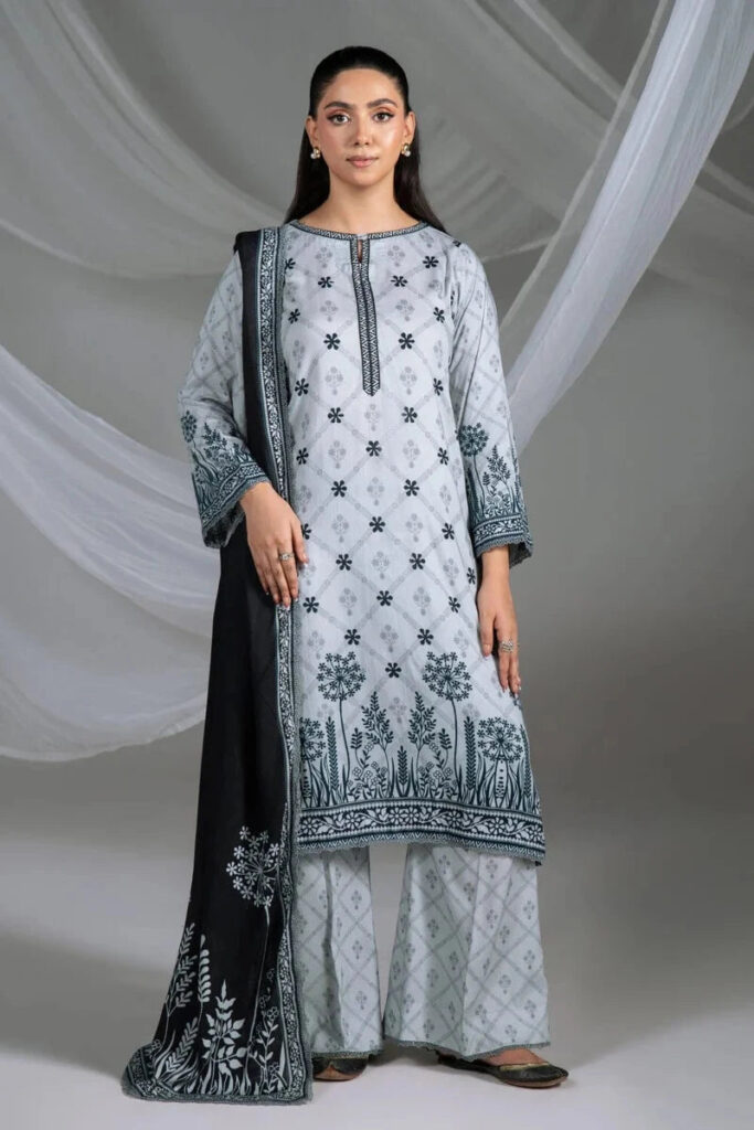 3PC Printed stitched Linen Suit KLE-4386
