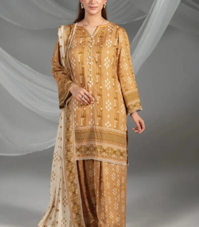 3PC Printed stitched Linen Suit KLE-4387