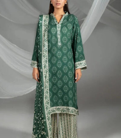 3PC Printed stitched Linen Suit KLE-4388