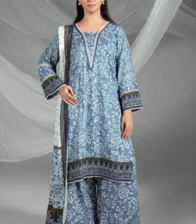 3PC Printed stitched Linen Suit KLE-4389