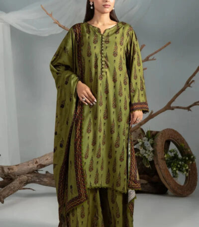 3PC Printed stitched Linen Suit KLE-4390