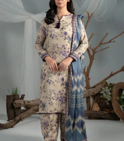 3PC Printed stitched Linen Suit KLE-4391