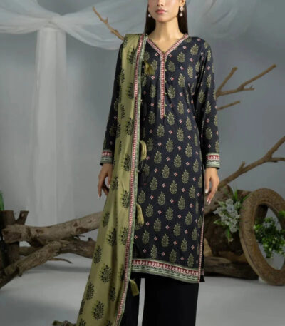3PC Printed stitched Linen Suit KLE-4392