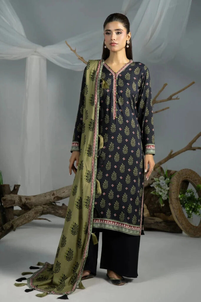3PC Printed stitched Linen Suit KLE-4392