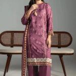 3PC Printed stitched Linen Suit KLE-4393