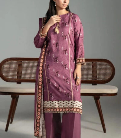 3PC Printed stitched Linen Suit KLE-4393