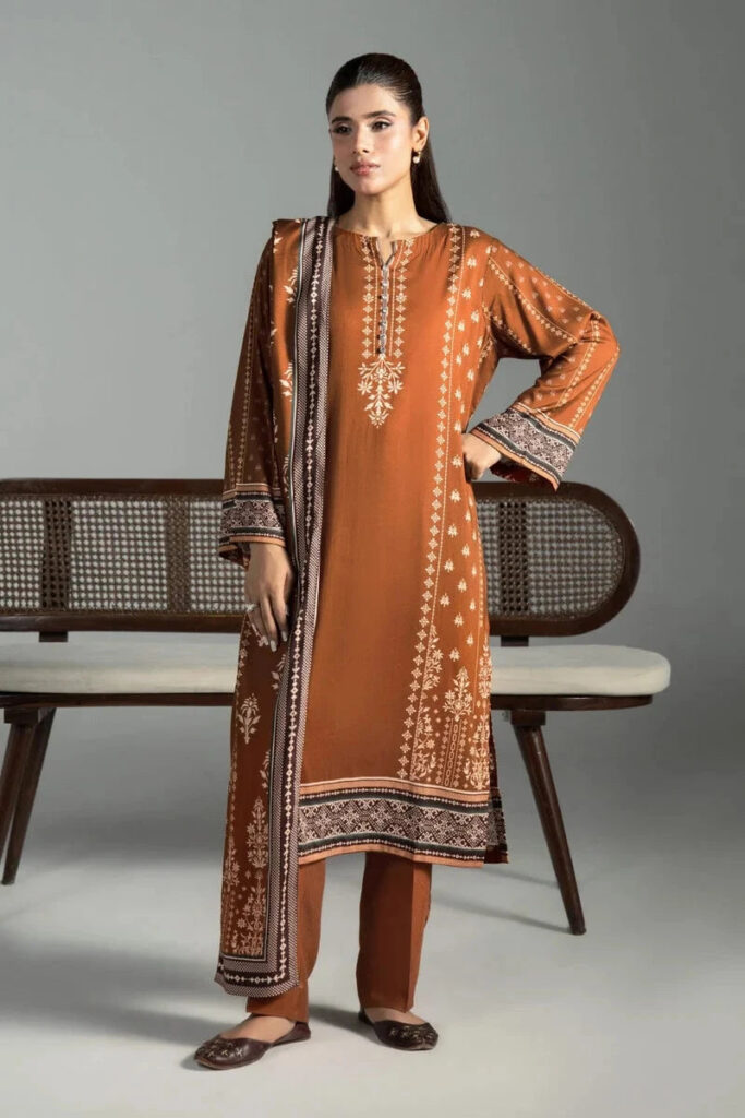 3PC Printed stitched Linen Suit KLE-4395
