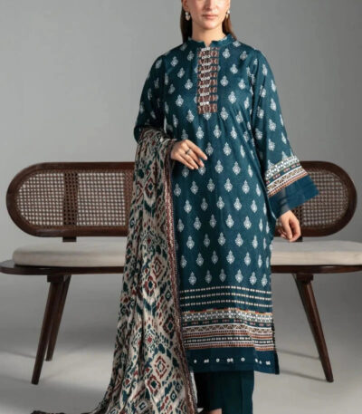 3PC Printed stitched Linen Suit KLE-4396