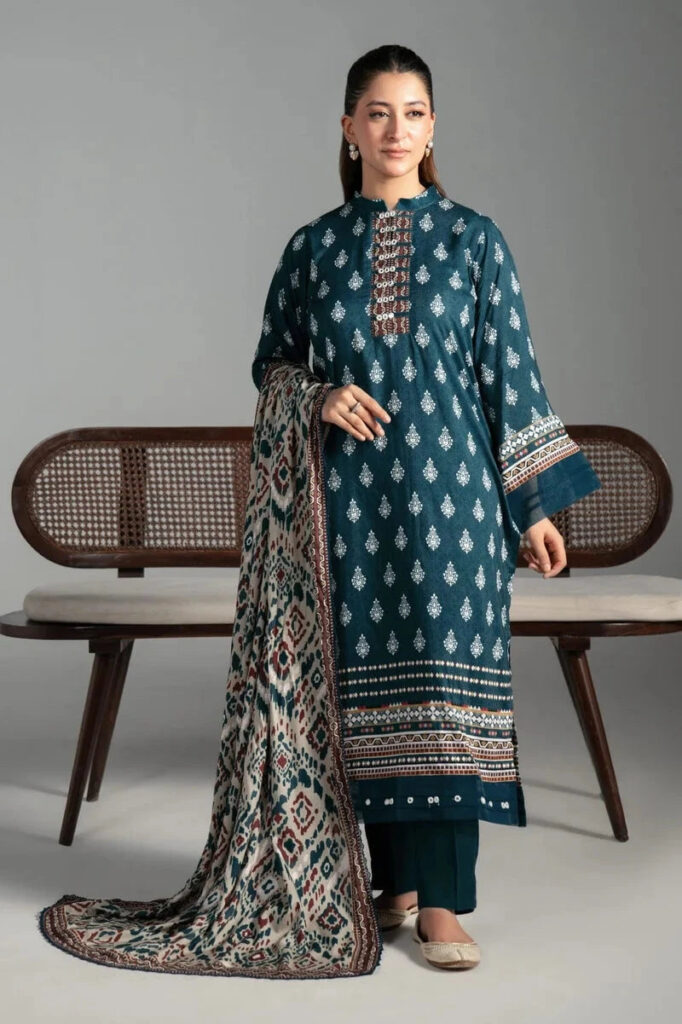 3PC Printed stitched Linen Suit KLE-4396